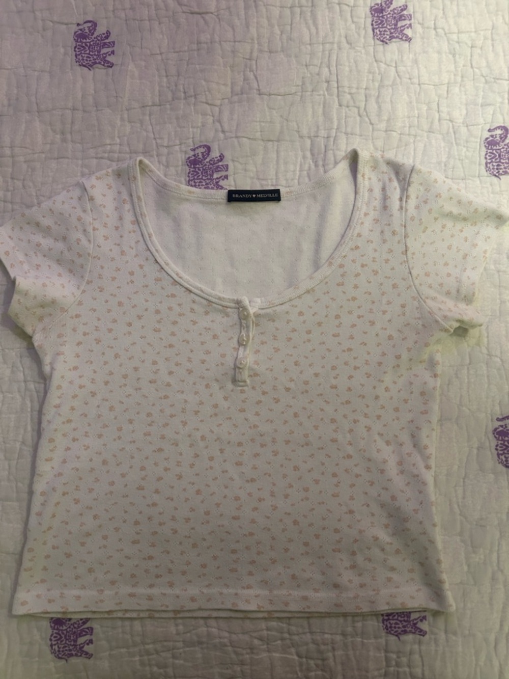 Brandy Melville White Short-Sleeve Henley Tee with Peach Floral Motif
